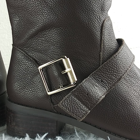 𝅺Sole Society Wylann Brown Leather Almond Toe Block Heel Mid Calf Harness Boot - Picture 14 of 16